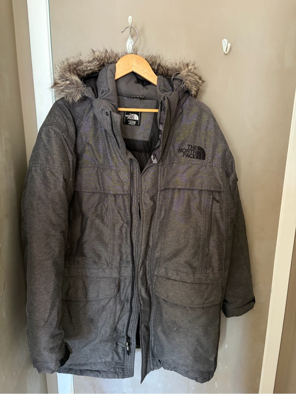The North Face Men's Dark Gray Hooded down Parka with Faux Fur Trim